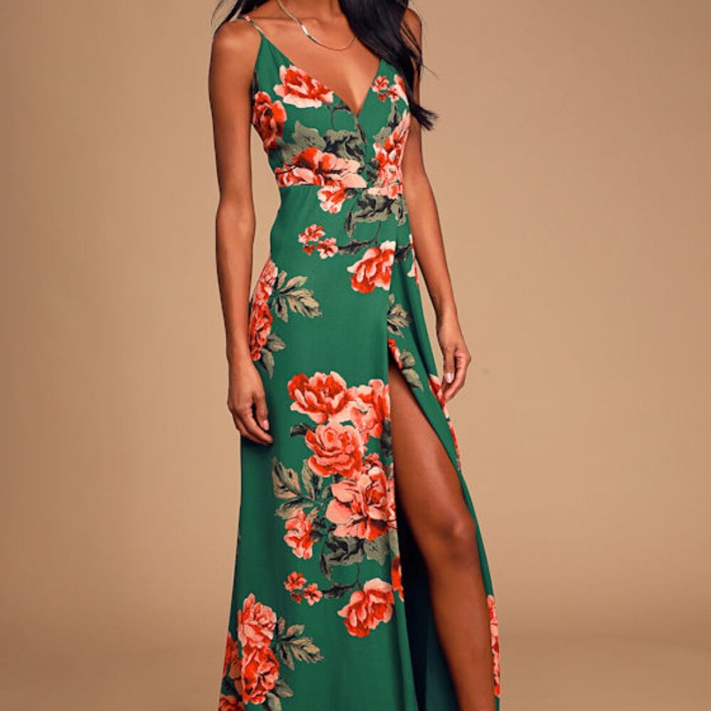 Lulus Floral Flirtation Dark Green Floral Print Wrap Maxi Dress - Size L